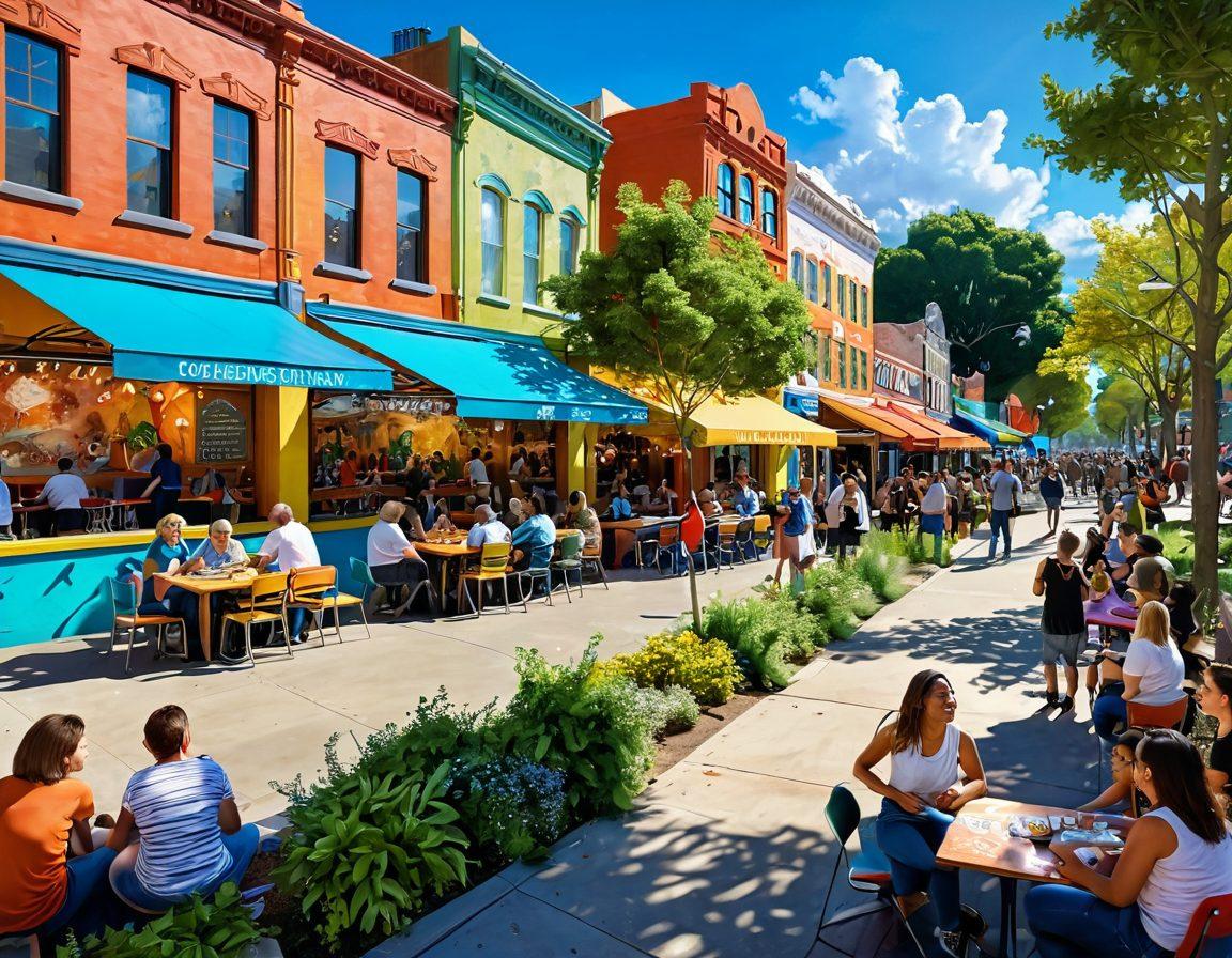 A vibrant cityscape filled with colorful murals and greenery, showcasing people joyfully interacting in a park setting. Include diverse groups of friends laughing, children playing, and street performers entertaining. The background features charming cafes and shops with uplifting messages displayed. Bright skies and warm lighting to evoke a sense of positivity and community. super-realistic. vibrant colors. 3D.