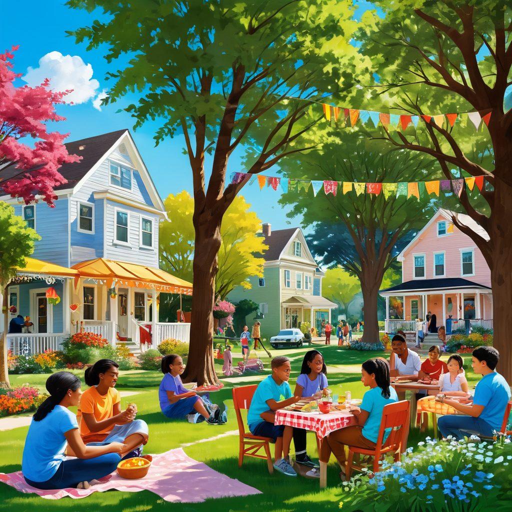A vibrant community scene showcasing diverse individuals engaging in joyful activities such as gardening, laughing together, and sharing meals in a sunlit park. Colorful banners representing positivity and togetherness hang from trees while children play nearby, reflecting a sense of support and connection. The background features cozy homes adorned with flowers, enhancing the neighborhood spirit. bright and lively illustration. vibrant colors. cheerful atmosphere.