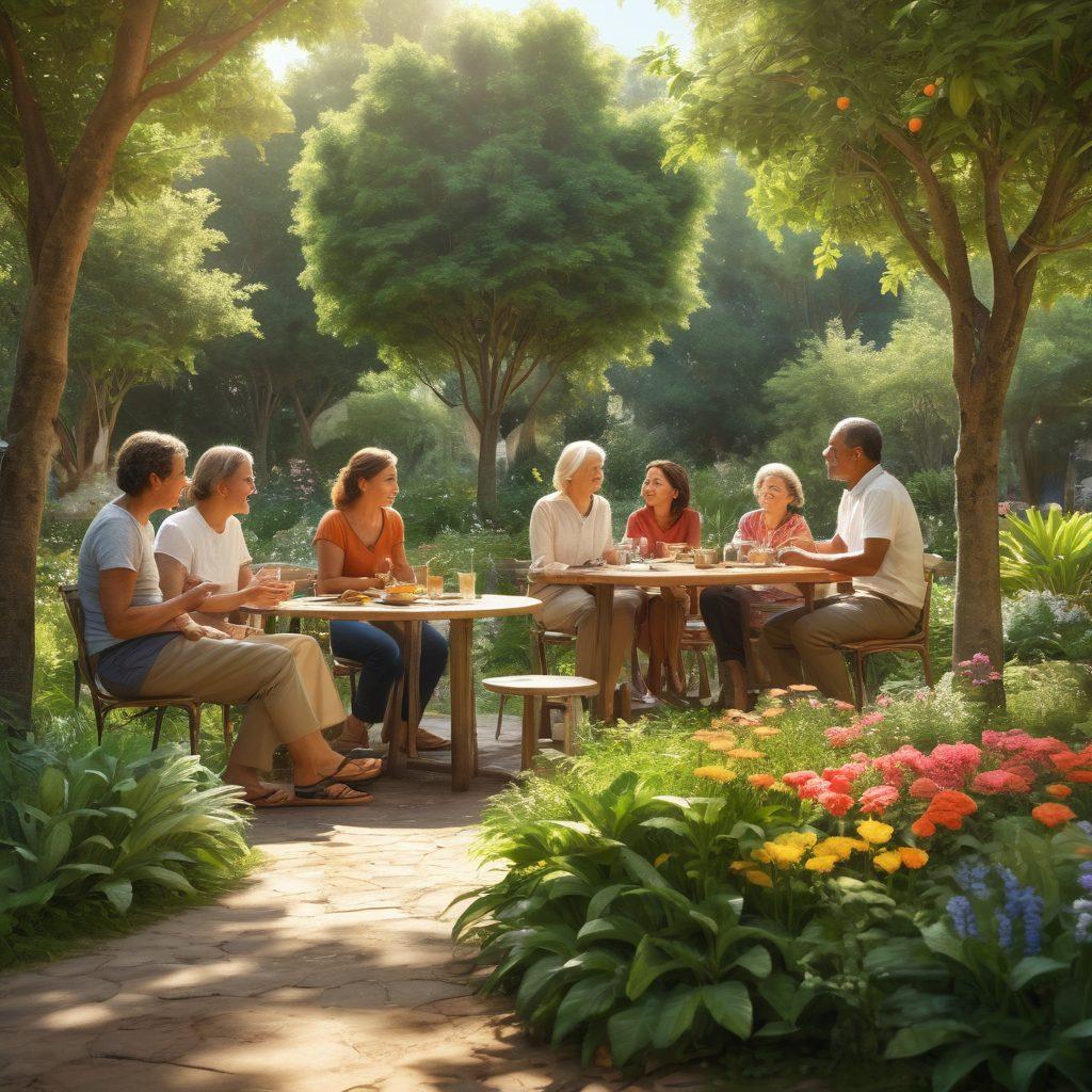 A serene outdoor scene in Barriodevo, showcasing diverse people of various ages and backgrounds engaging in meaningful conversations and activities, surrounded by lush greenery and flowers. Emphasize warm smiles and joyful expressions to illustrate the theme of connection and well-being. Include soft sunlight filtering through the trees to create a blissful atmosphere. vibrant colors. super-realistic. warm tones.